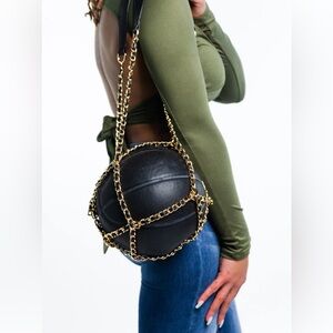 Deluxity Chic Basketball Women Purse Black with Gold Chain Strap Shoulder Bag
